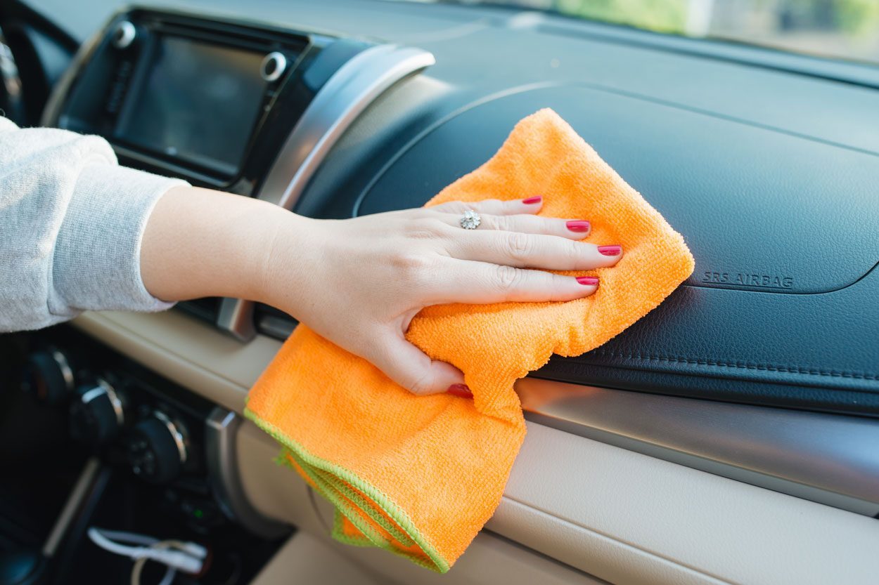 Hand With Microfiber Cloth Cleaning Seat Auto Detailing And Valeting Concept Washing Car Care Interior Selective Focus
