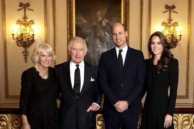 Camilla, Queen Consort, King Charles III, Prince William, Prince of Wales and Catherine, Princess of Wales pose for a photo ahead of their Majesties the King and the Queen Consorts reception for Heads of State and Official Overseas Guests at Buckingham Palace