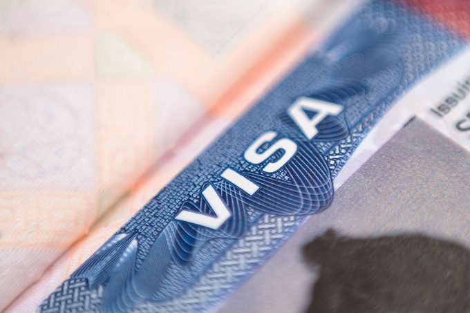 Close up of american visa label in passport.