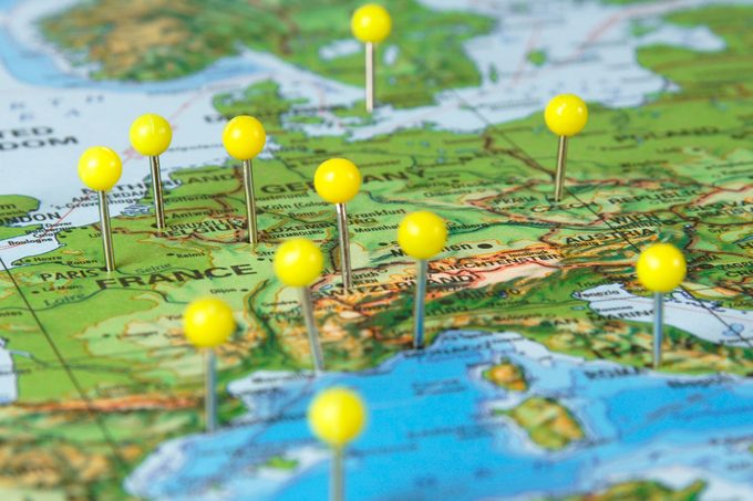 Europe Map With Yellow Push Pins in France, Italy, Germany, Switzerland