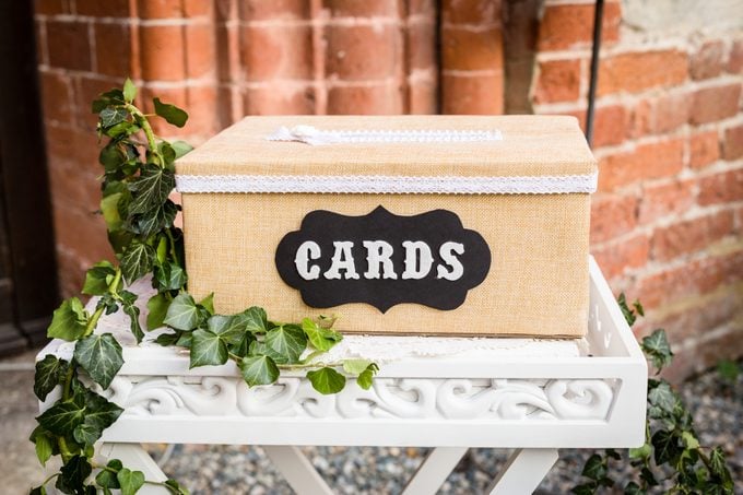 wedding reception detail, a box with "cards" written on it