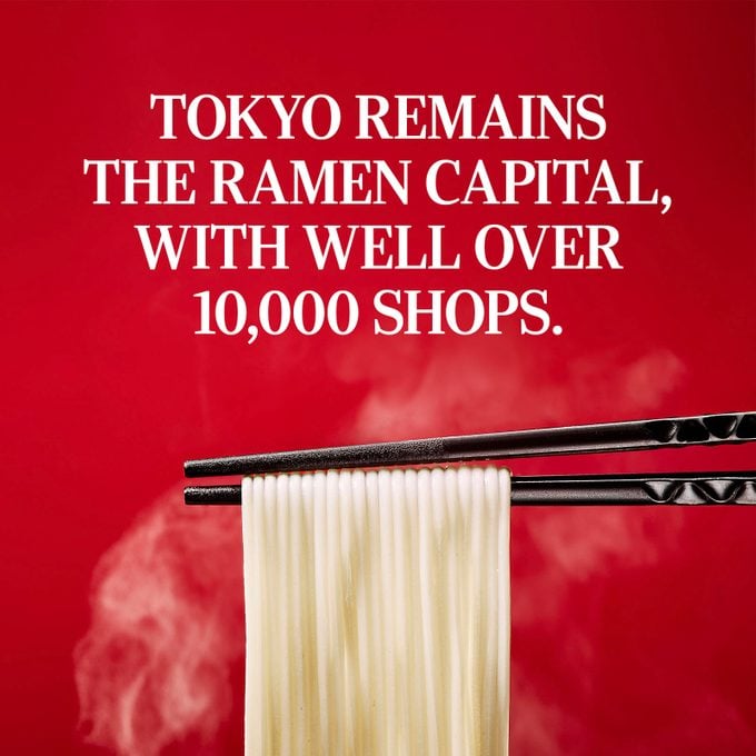Traditional ramen against bright, colorful backdrops (red, yellow, white, and black).