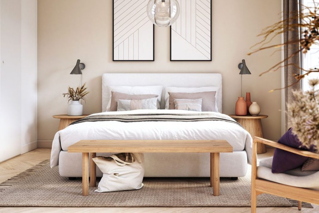 Scandinavian Bedroom Interior Stock Photo with warm beige colors