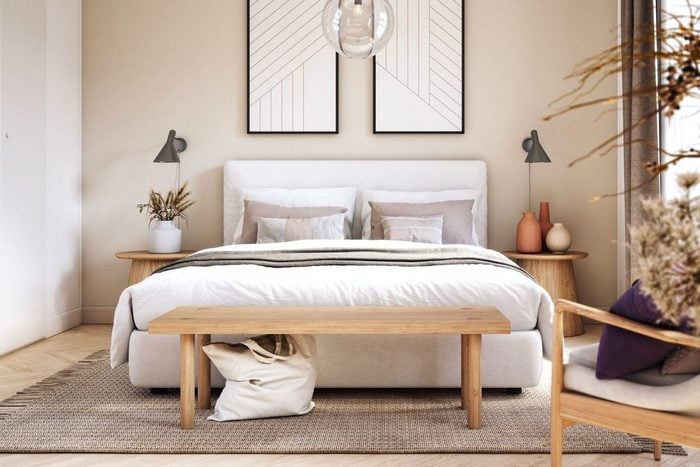 Scandinavian Bedroom Interior Stock Photo with warm beige colors