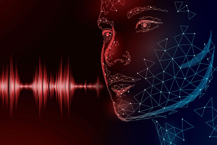 digital ai face representation with red sound wave