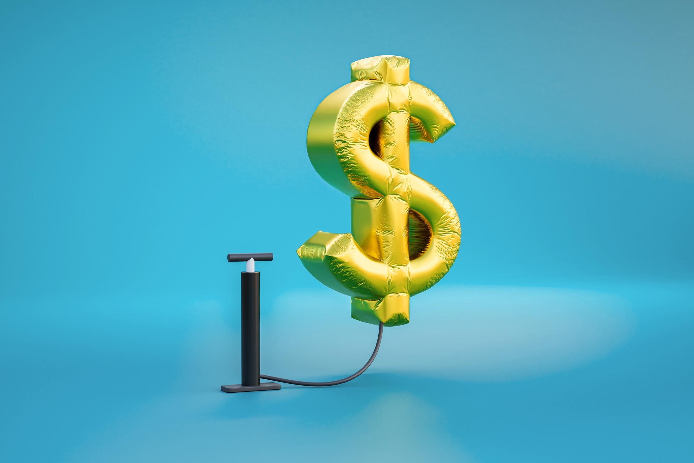Inflation computer generated image of on a US dollar sign on a blue background