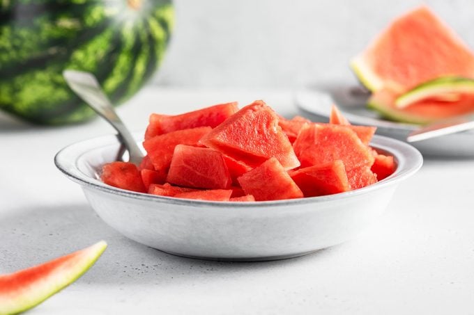 Bowl of watermelon cube fruit slice. Fresh chopped and chunks fruits.