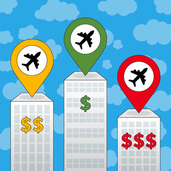 Illustration of three buildings with airport location pins atop styled as podiums to show the cheapest airport to fly from