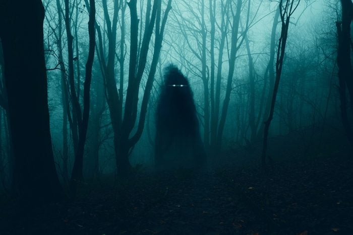 A supernatural concept. Of a ghost with glowing eyes floating above the ground . In a spooky, winter forest at night