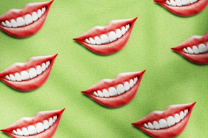 smiling mouths with red lips on a green background