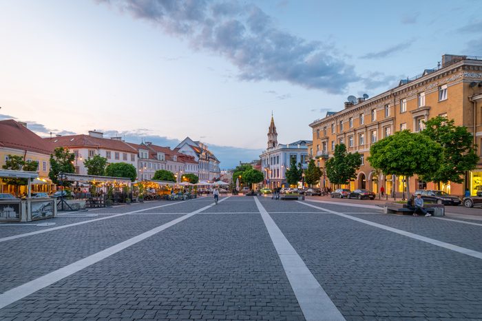 Town hall square in the old town of Vilnius, Lithuania