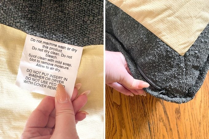 side by side of saatva dog bed care instructions tag and the zipper on the dog bed