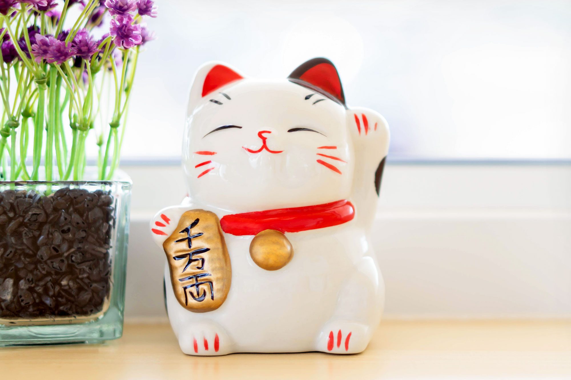 Maneki Neko Lucky Cat Show Text On Hand Meaning Rich On Table, Select Focus