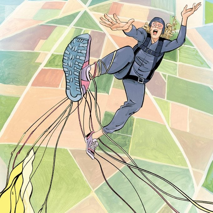 Illustration of a woman wearing a parachute suit falling into a field
