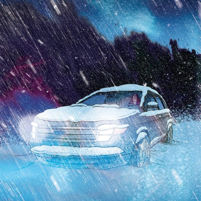 Illustration of a car stuck in a blizzard