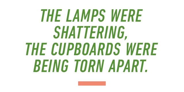 Quote Text: The lamps were shattering, the cupboards were being torn apart.