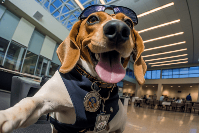 Beagle taking a selfie while working as a TSA agent in an airport