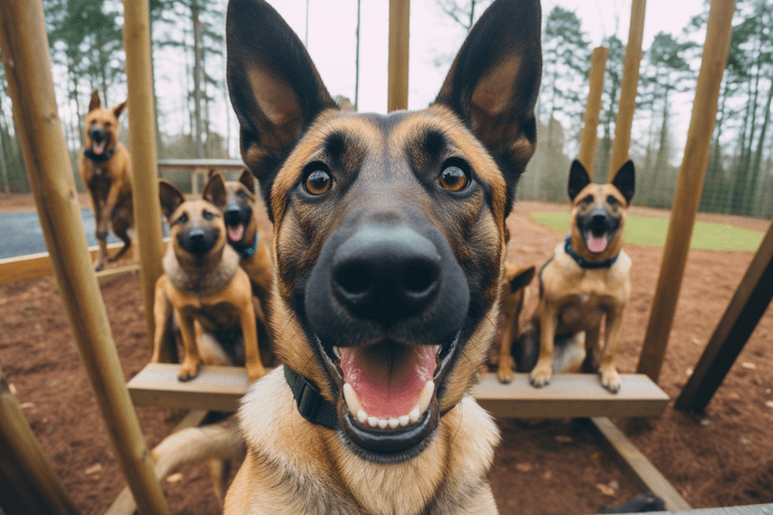 Belgian Malinois selfie with group on an obstacle course
