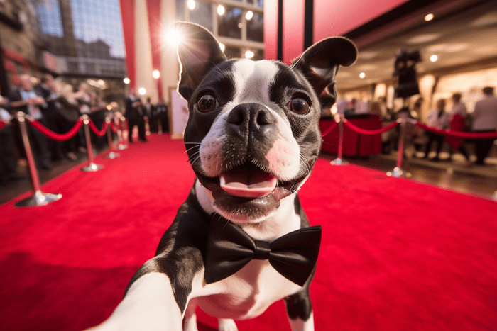 Boston Terrier in a bow tie taking a selfie on the red carpet at a movie premiere