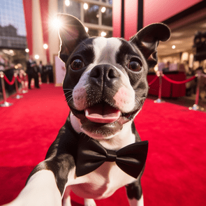 Boston Terrier in a bow tie taking a selfie on the red carpet at a movie premiere