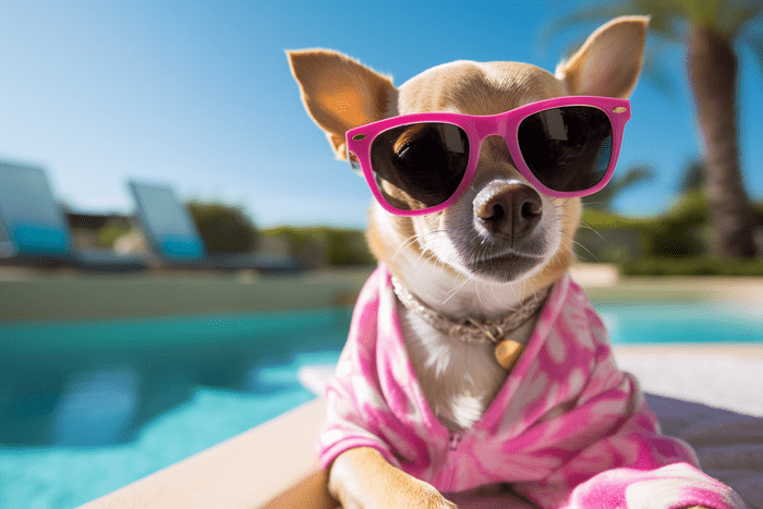 Chihuahua wearing pink sunglasses and wpink terrycloth hoodie taking a poolside selfie