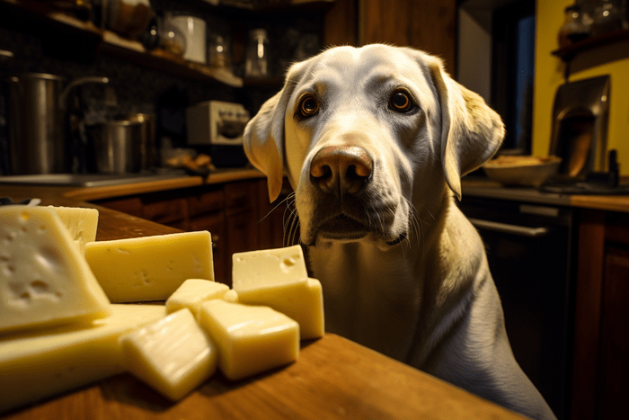 Labrador Retriever taking selfie with stolen cheese late at night in darkened kitchen