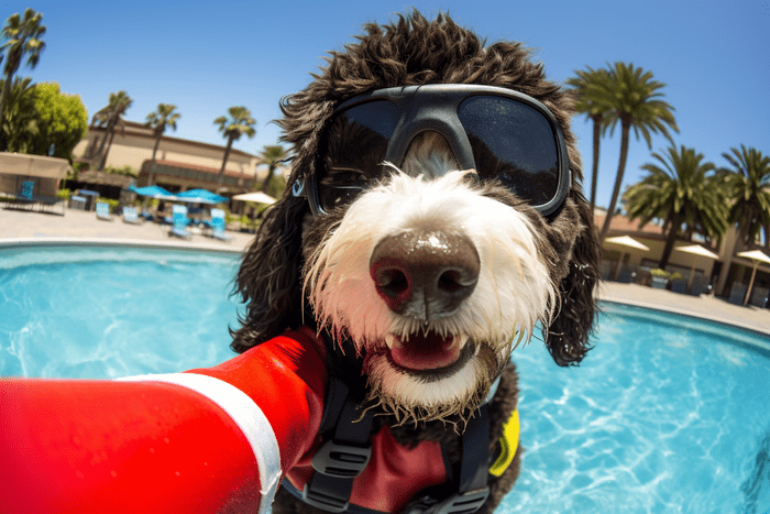 Portuguese Water Dog lifeguard taking a selfie poolside