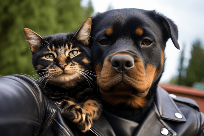 Rottweiler wearing a leather jacket taking a selfie with a kitten on his shoulder