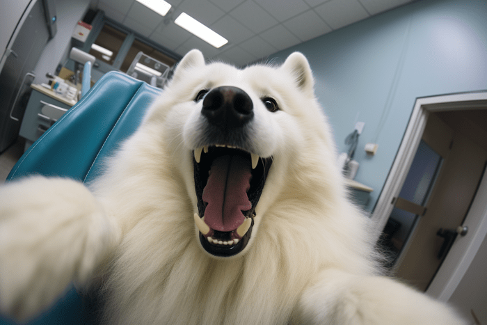 Samoyed taking a selfie from the dentist chair after a teeth cleaning