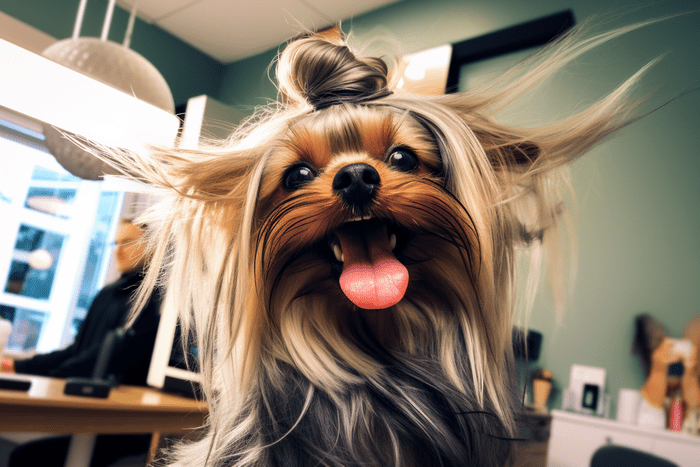 Yorkshire Terrier with blowing hair taking a selfie at the salon