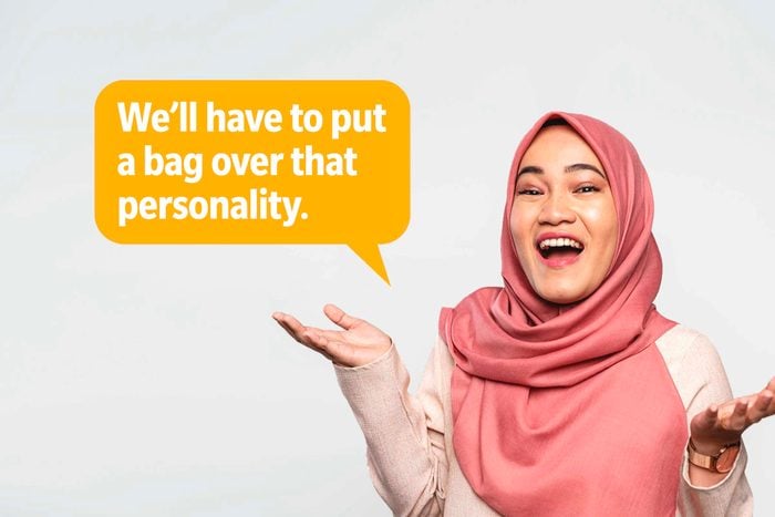 Laughing woman delivering a comeback roast, speech bubble text: "We'll have to put a bag over that personality."