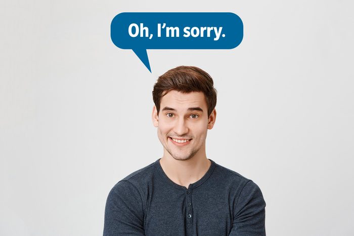 Smiling man delivering a comeback roast, speech bubble text: "Oh, I'm sorry."