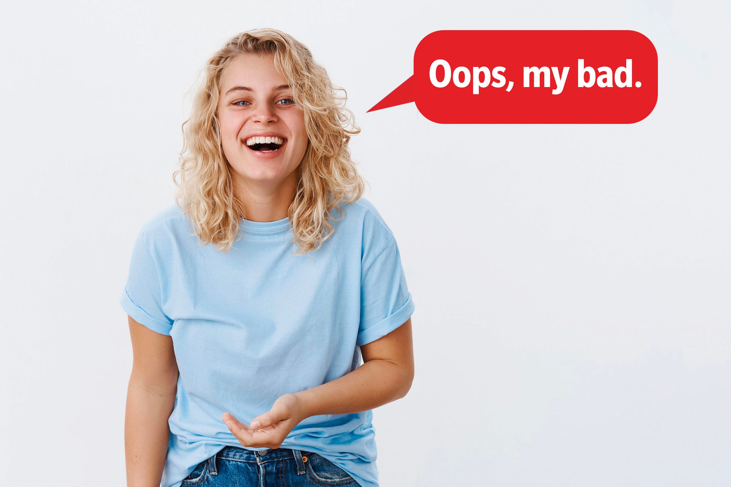 Laughing woman delivering a comeback roast, speech bubble text: "Oops, my bad."