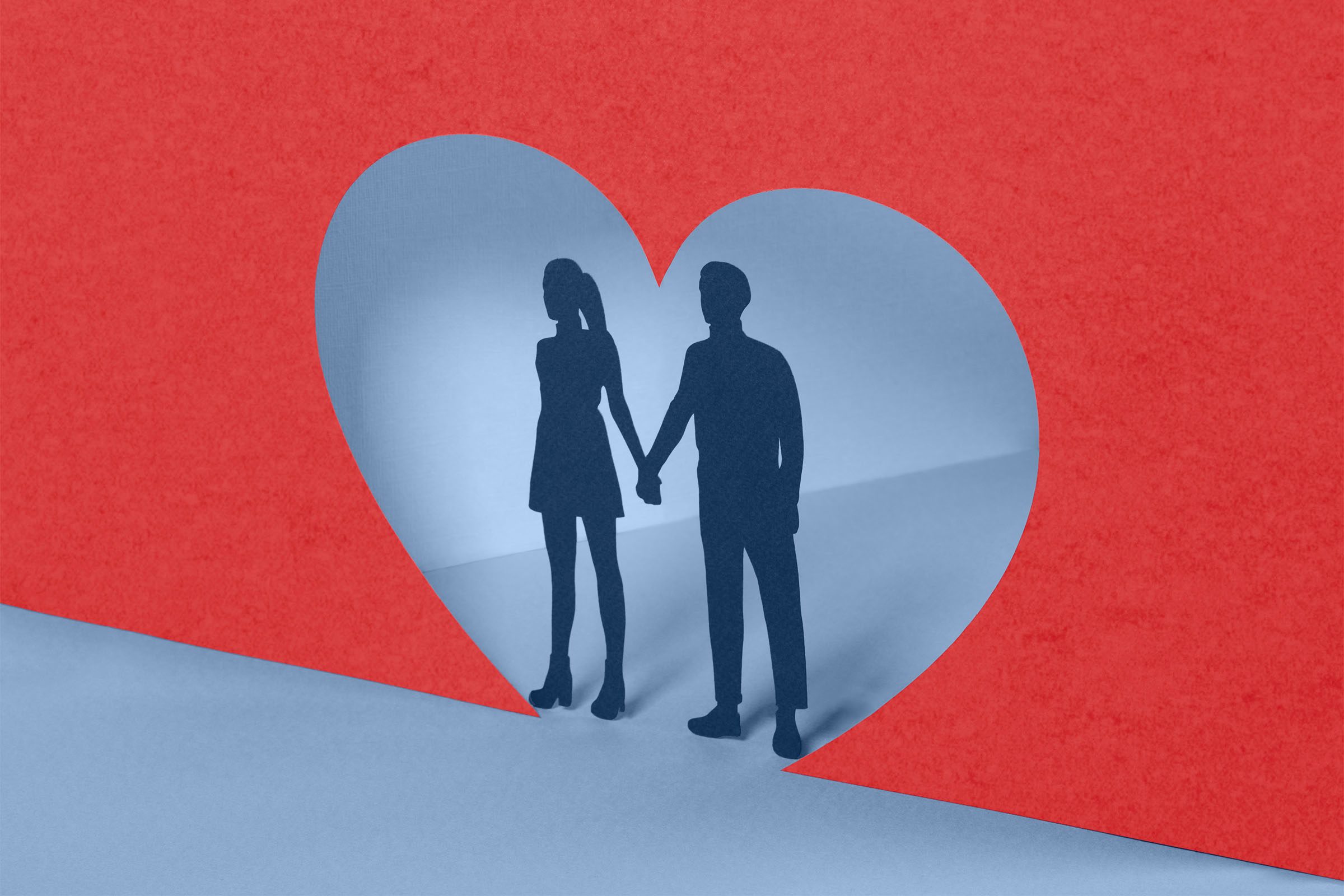 Paper craft illustration of young couple standing in heart shape frame