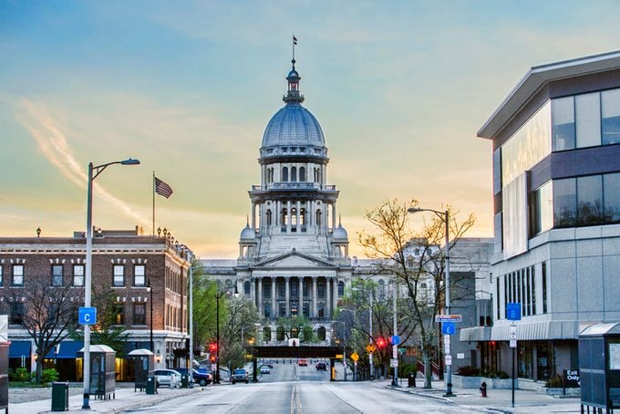 The Illinois State Capitol Building is located in downtown Springfield, Illinois is pictured at sunset