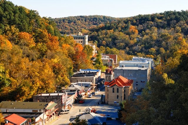 Eureka Springs, Arkansas pictured above from the sky in the fall season