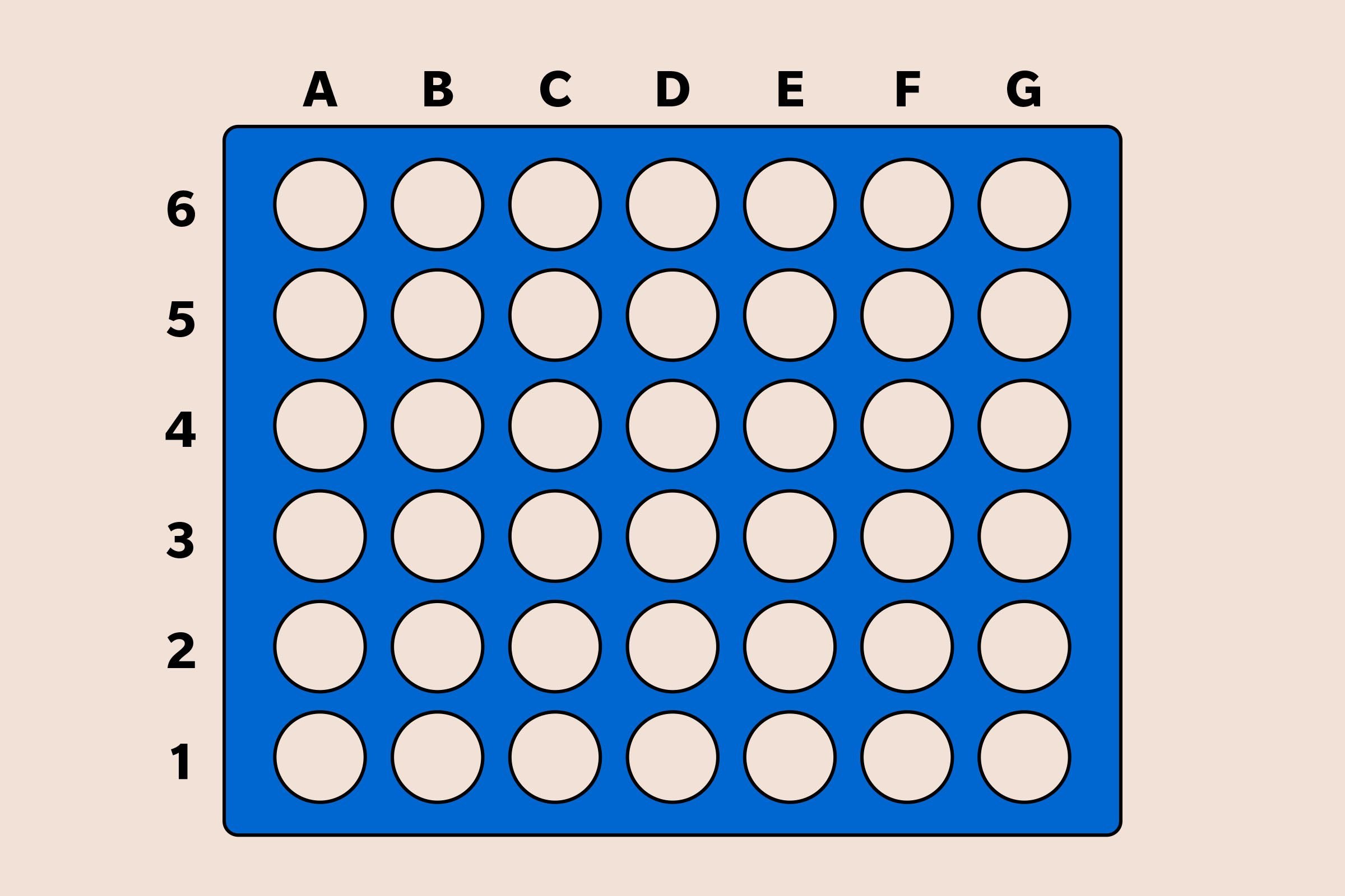Connect Four game board with columns labeled A-G and rows labeled 1-6