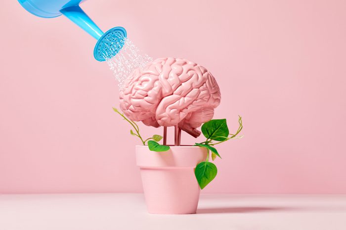a pink brain growing in a pink flower pot with some green leaves, being watered by a blue watering can, pink background