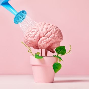 a pink brain growing in a pink flower pot with some green leaves, being watered by a blue watering can, pink background