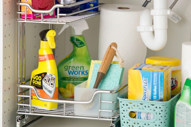 cleaning supplies organized under the kitchen sink