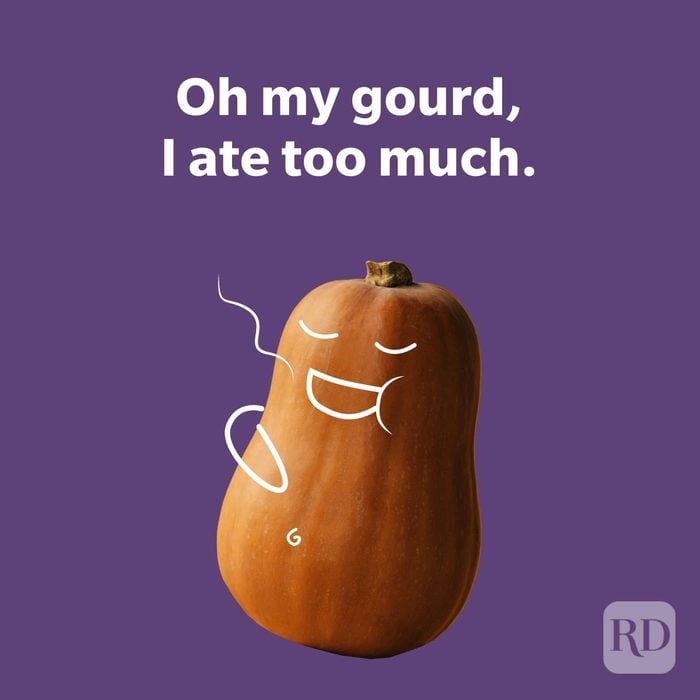 Thanksgiving Pun doodle on a gourd "Oh my gourd, I ate too much" on solid purple background