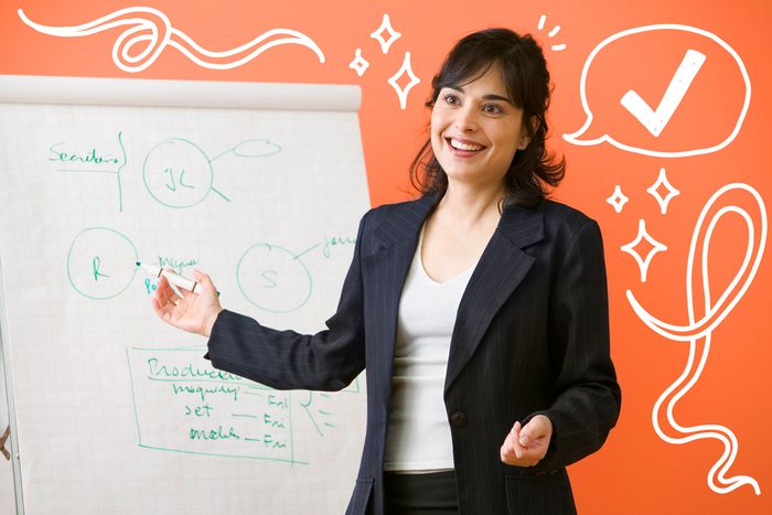 woman giving presentation, confidence doodles