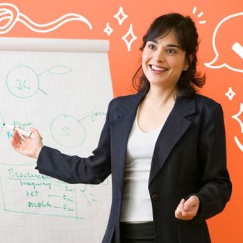 woman giving presentation, confidence doodles