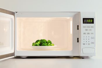 An Open Microwave Door with A Small Plate Of Broccoli Inside