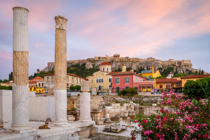 Remains of Hadrian's Library and Acropolis in the old town of Athens,