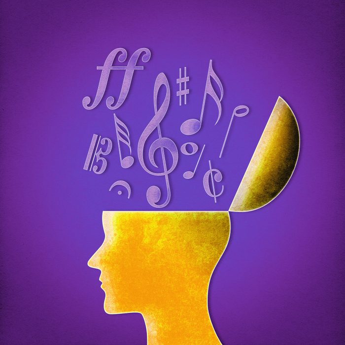 illustration of a yellow head on a purple background with music notes coming out the top