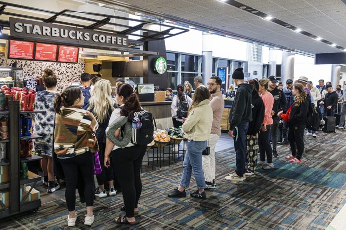 Miami, Florida, Miami International Airport, airport terminal, long line at Starbucks Coffee