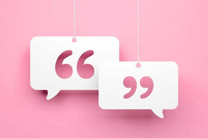 two speech bubbles with quotation marks on a pink background