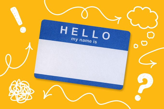 Blue "Hello My Name Is" nametag on yellow background, doodles symbolizing emotions