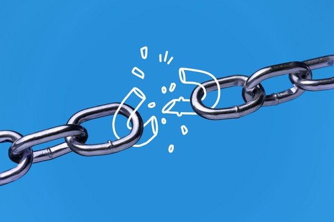 Metal chain breaking on a blue background, broken chain doodle